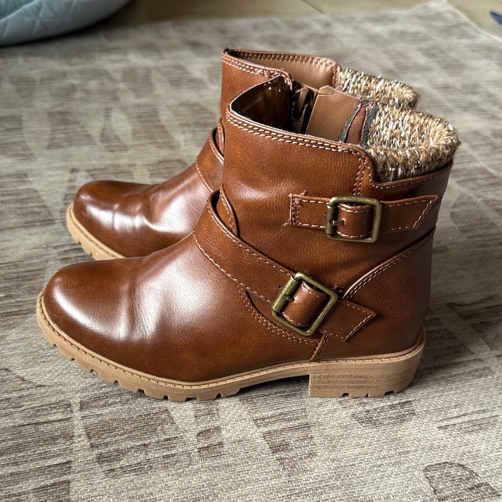 Kids Brown Faux-Leather Ankle Boots with Buckle Detail